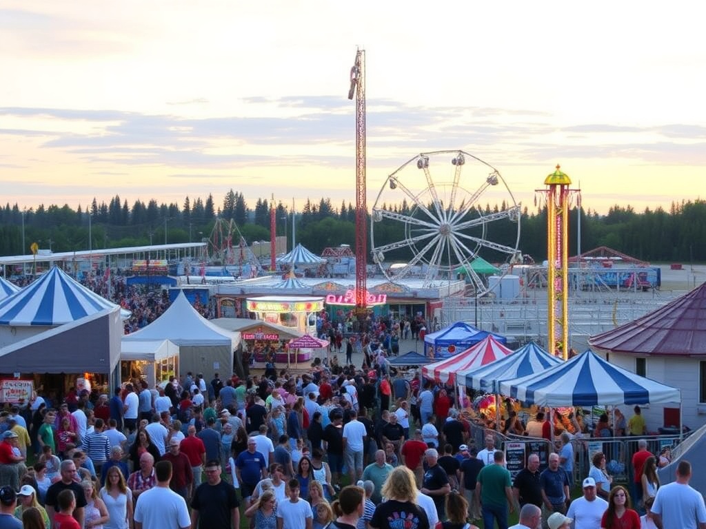 A vibrant fair with carnival rides and crowds at the Camrose County Fair