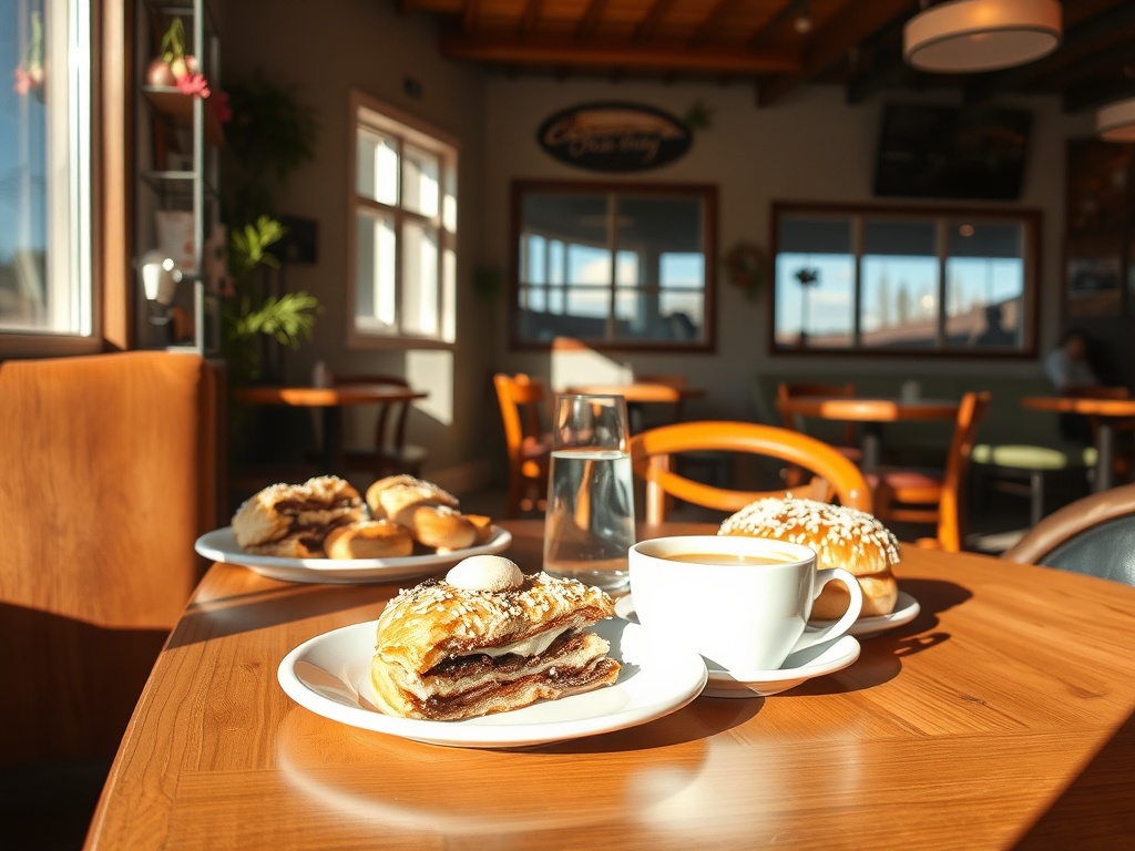 cozy local cafe breakfast pastries coffee wooden table sunlight Camrose Alberta
