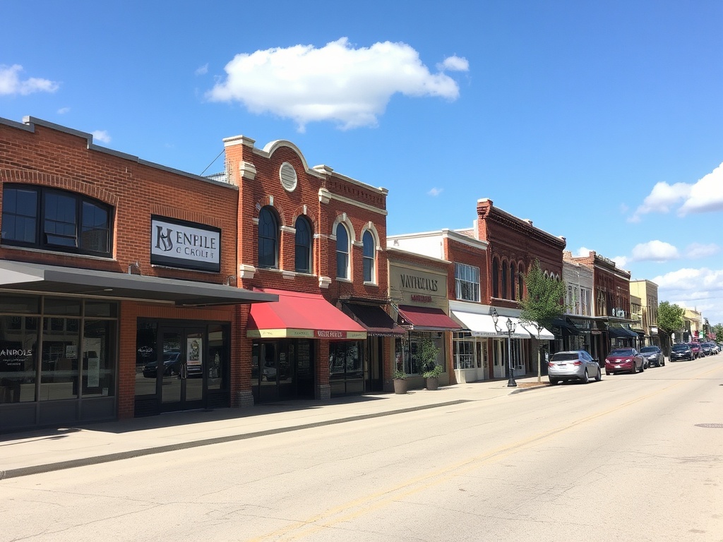 downtown Camrose Alberta main street shops brick buildings small town charm sunny day