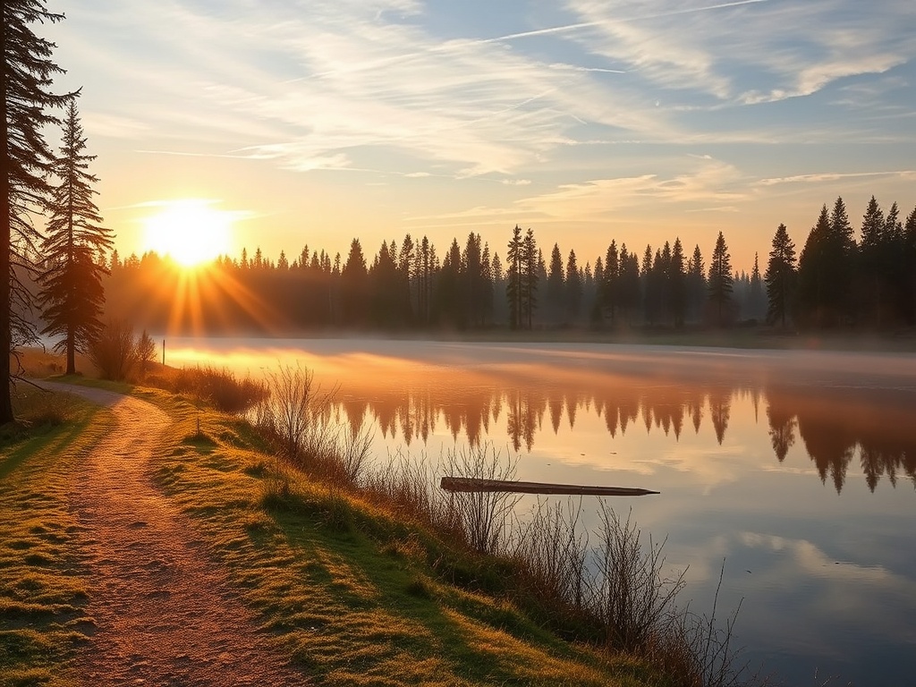 golden sunrise over Mirror Lake Camrose walking trails with mist and trees