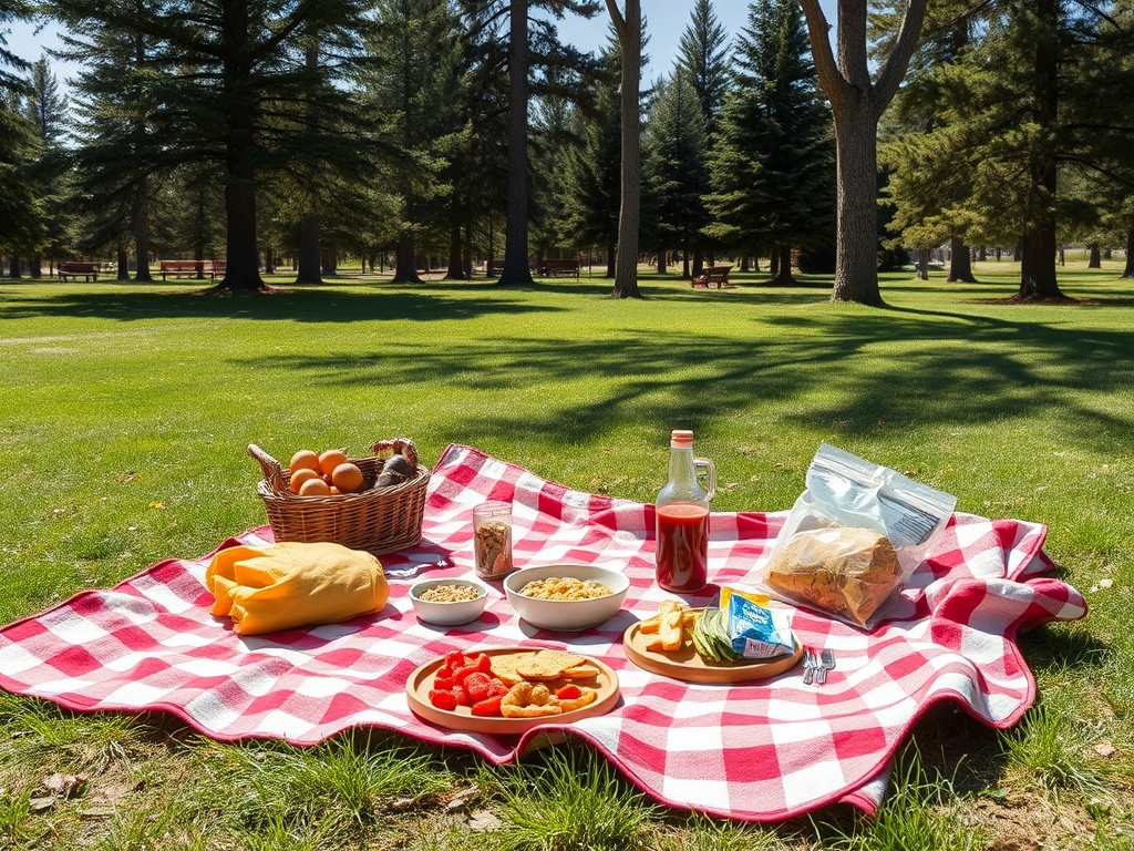 picnic setup in Camrose park blanket snacks trees sunny afternoon Alberta