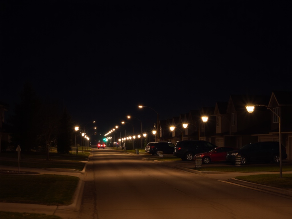 quiet residential street Camrose night streetlights calm peaceful Alberta