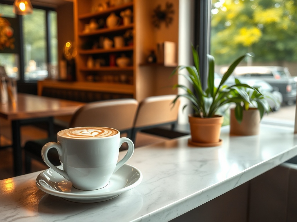 cozy weekend coffee scene in Camrose cafe window light relaxed calm atmosphere