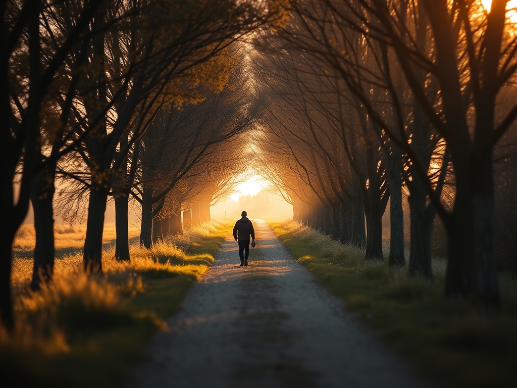 person walking alone on a tree-lined path in Camrose valley trails early morning golden light