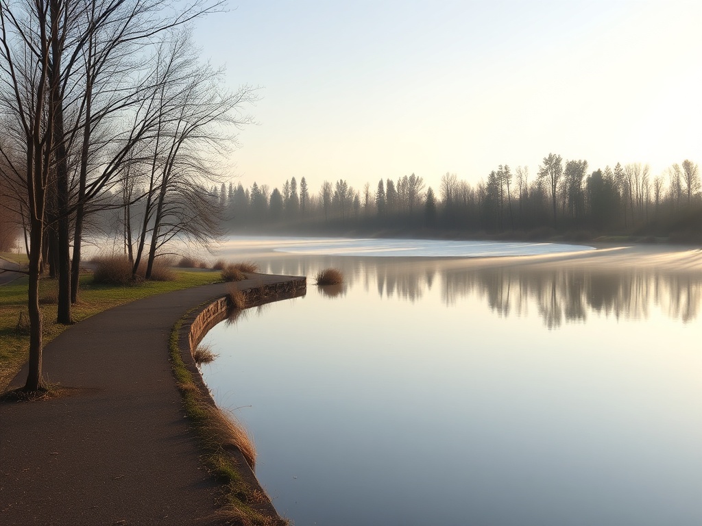 quiet Camrose morning with soft light over Mirror Lake, empty walking path, calm reflective water