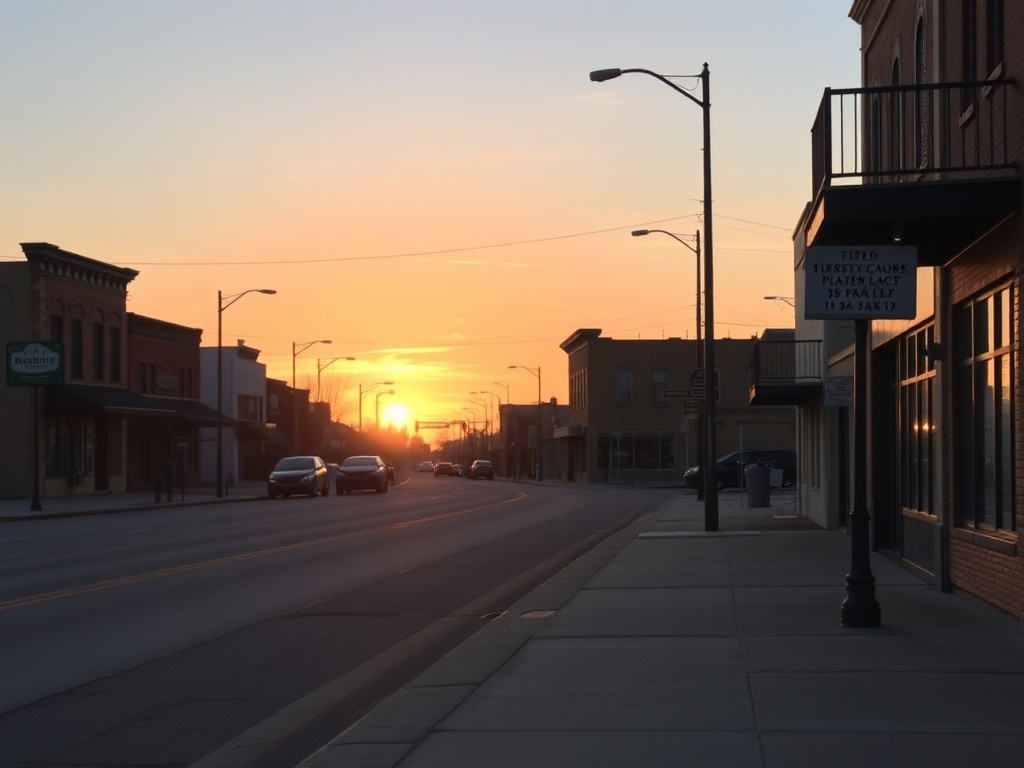 sunrise over small town Alberta streets with soft light, empty sidewalks, calm peaceful mood
