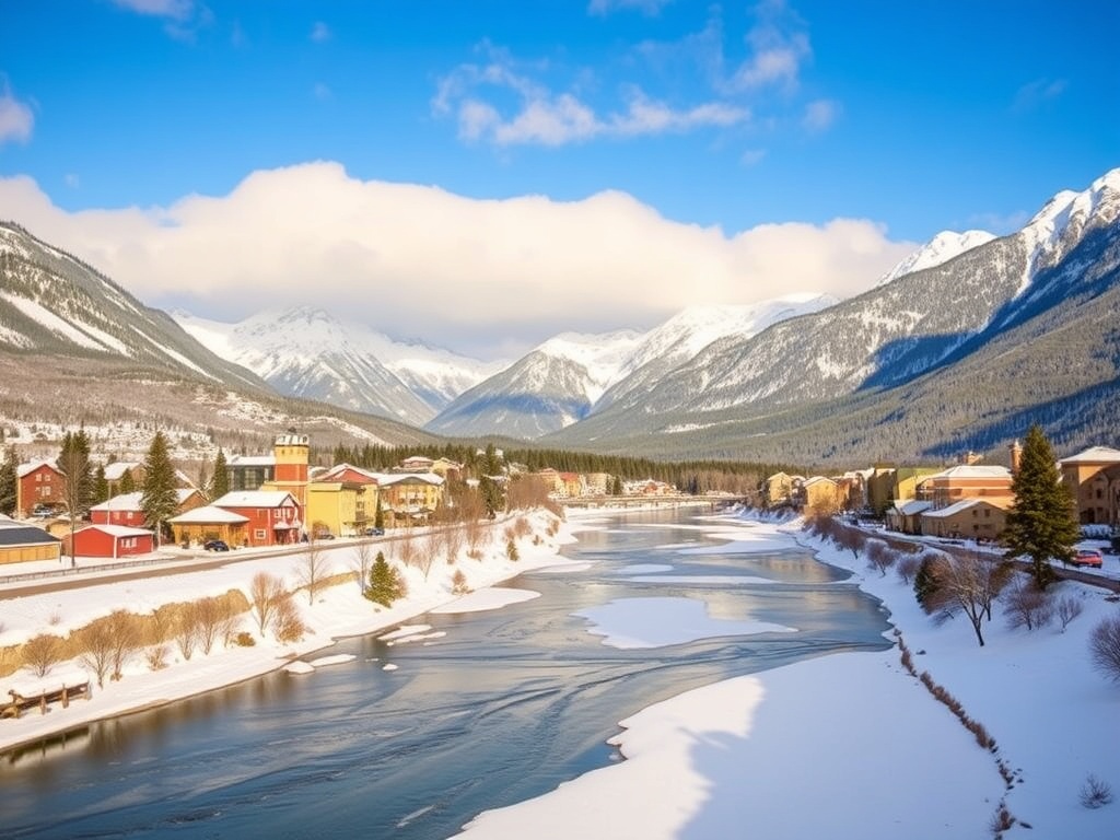 canmore winter snowy town mountains blue sky frozen river peaceful alpine scene