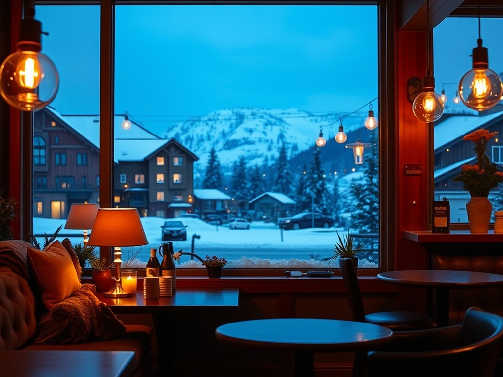 cozy canmore cafe interior warm lighting snowy window mountain town coffee scene