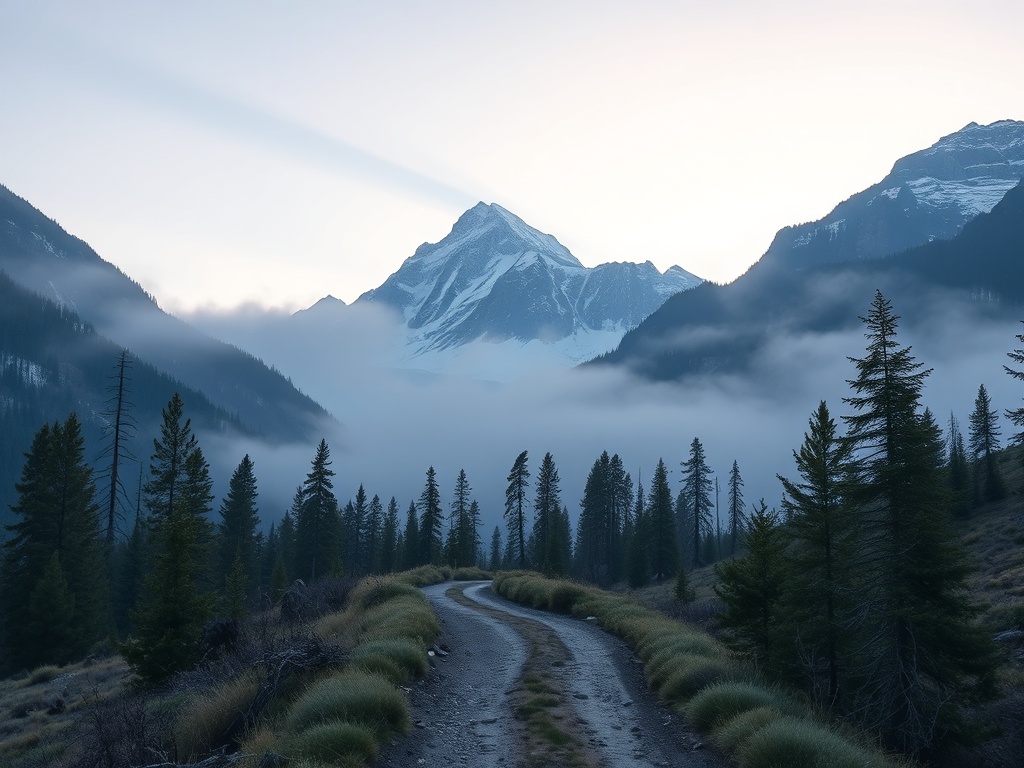 early morning light over Three Sisters mountains with empty trail and soft mist, peaceful Canmore scene