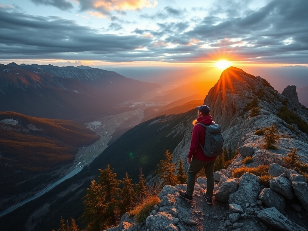 hiker overlooking Ha Ling Peak sunrise golden light panoramic view Canmore valley