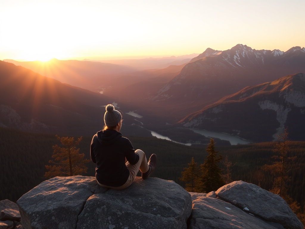 person sitting on rock overlooking canmore valley relaxed contemplative mountain view golden hour