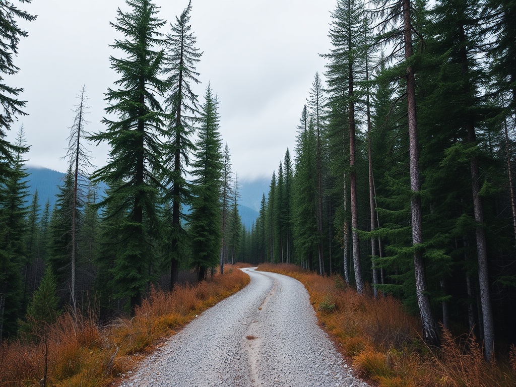 quiet forest trail in canmore overcast moody sky no people peaceful hiking path