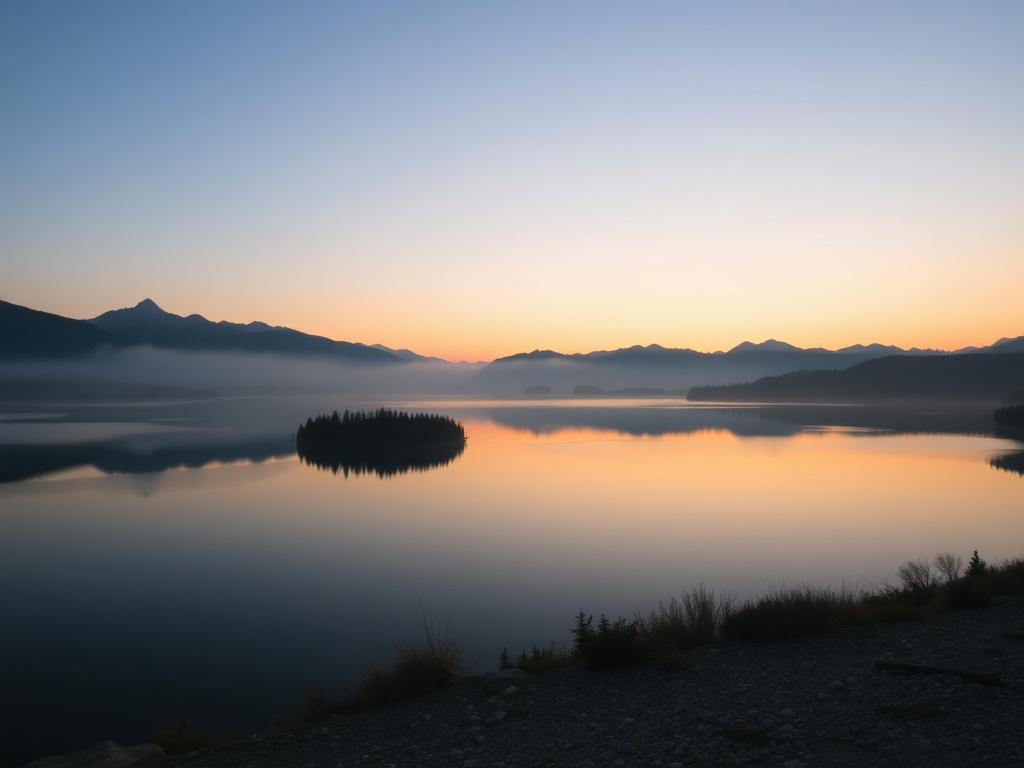sunrise over quarry lake calm water reflections mountains no crowds serene morning