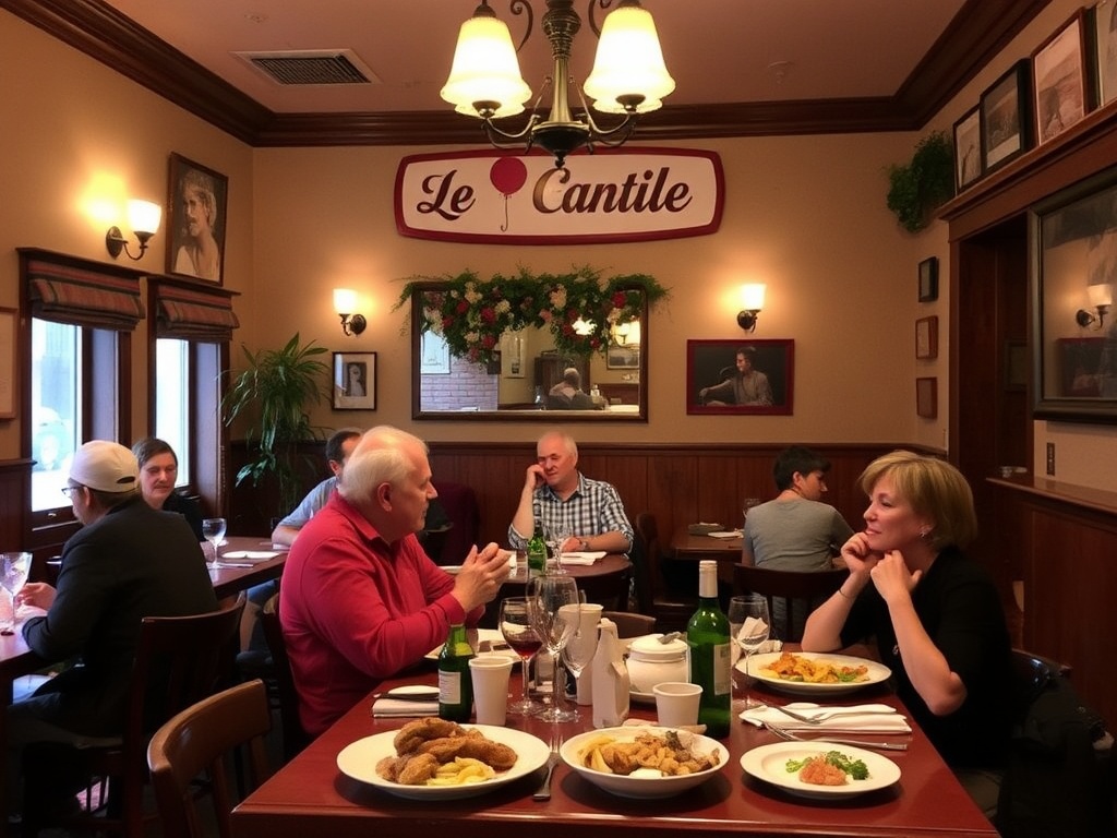 A cozy bistro setting at Le Bistro Cantley, with guests enjoying classic Quebecois dishes and a warm, inviting atmosphere.