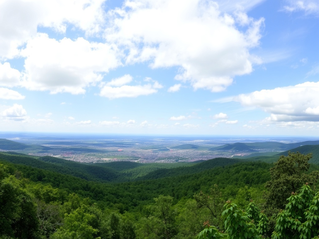 A panoramic view from the top of Montagne de l'Embuscade, showing the lush green forest and the town of Cantley in the distance.