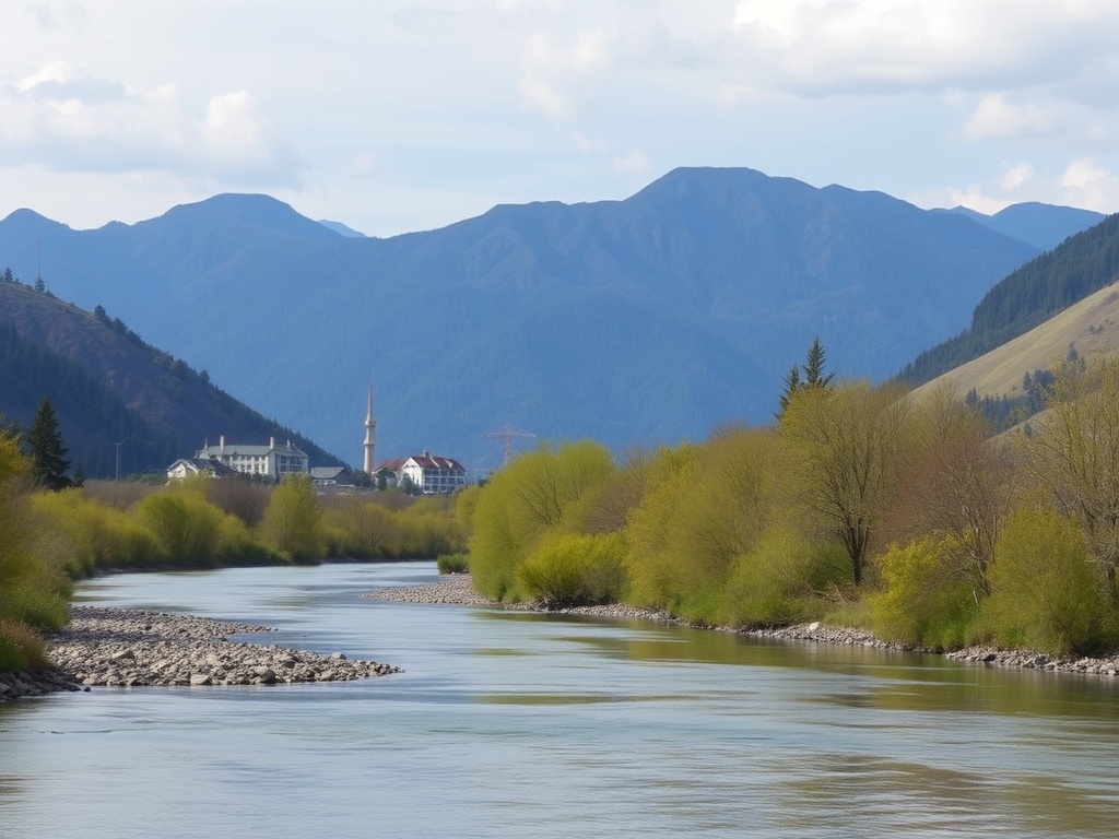 A scenic view of Cantley, showcasing its natural beauty with mountains in the background and a calm river in the foreground.