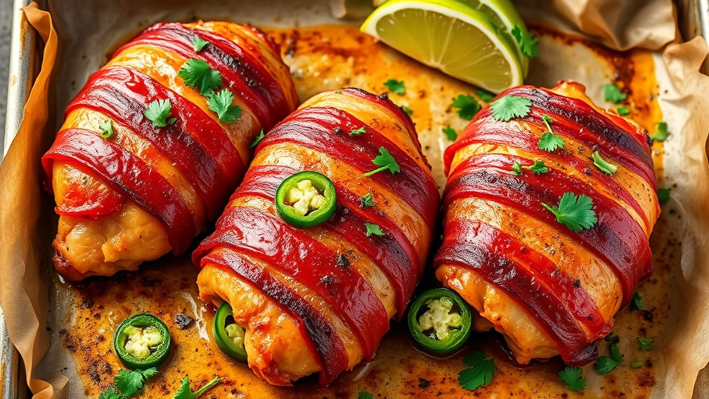 Crispy bacon-wrapped chicken thighs with jalapeño slices, served on a baking sheet with lime wedges and cilantro.