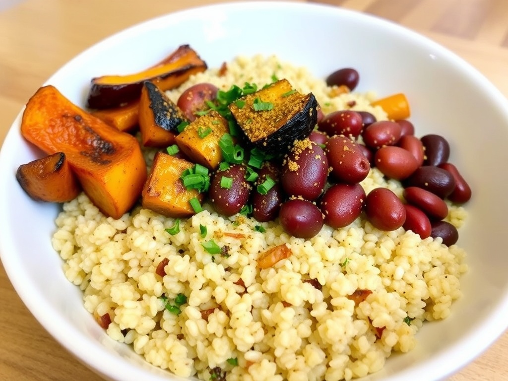 A bowl of quinoa, roasted vegetables, and beans topped with a sprinkle of herbs and spices.