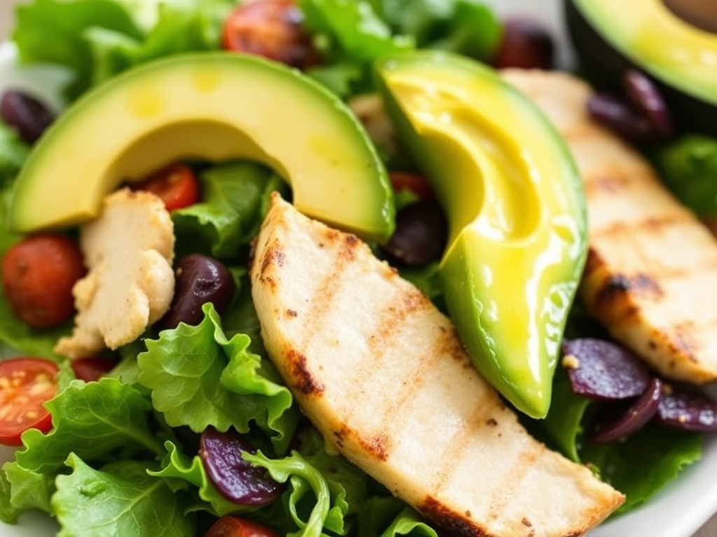 A fresh salad with grilled chicken, avocado, and olive oil dressing.