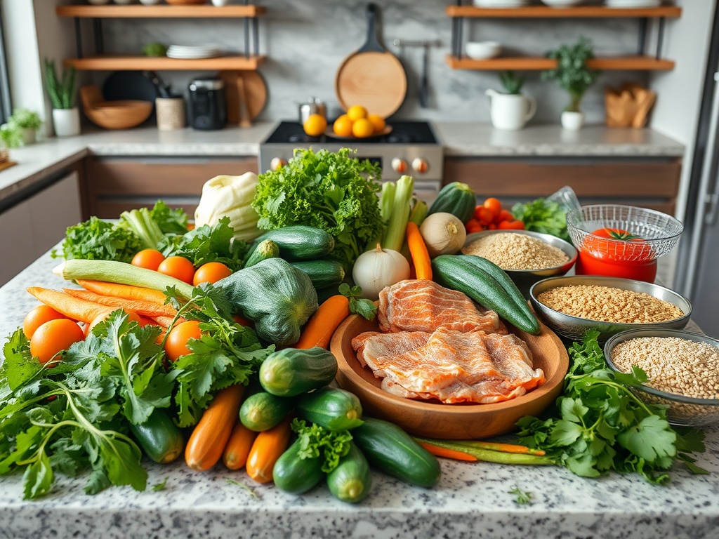A modern kitchen with an array of fresh vegetables, lean proteins, and healthy grains laid out on a counter.