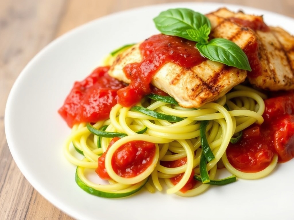 A plate of zucchini noodles topped with marinara sauce and grilled chicken.