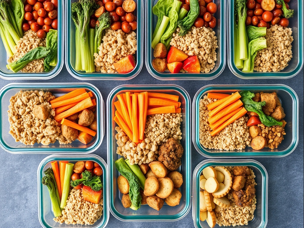 A weekly meal prep with individual containers filled with balanced meals, including vegetables, proteins, and whole grains.