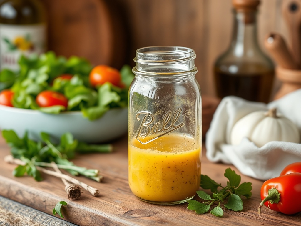 homemade salad dressing jar whisk olive oil vinegar herbs rustic kitchen