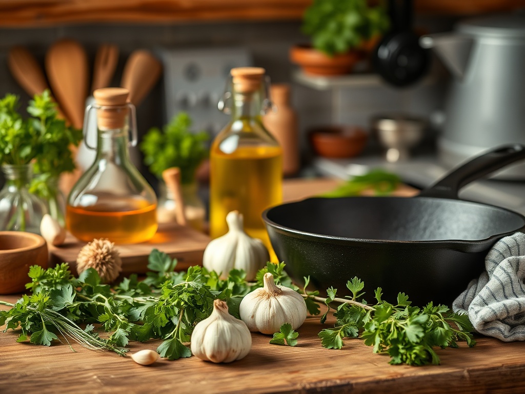low carb kitchen setup fresh herbs olive oil garlic cast iron skillet warm lighting