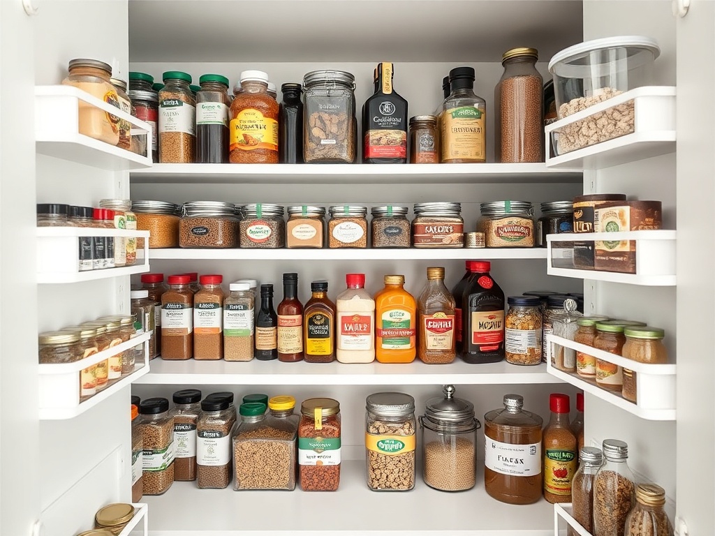 organized pantry low carb ingredients spices oils clean shelves minimalist food storage