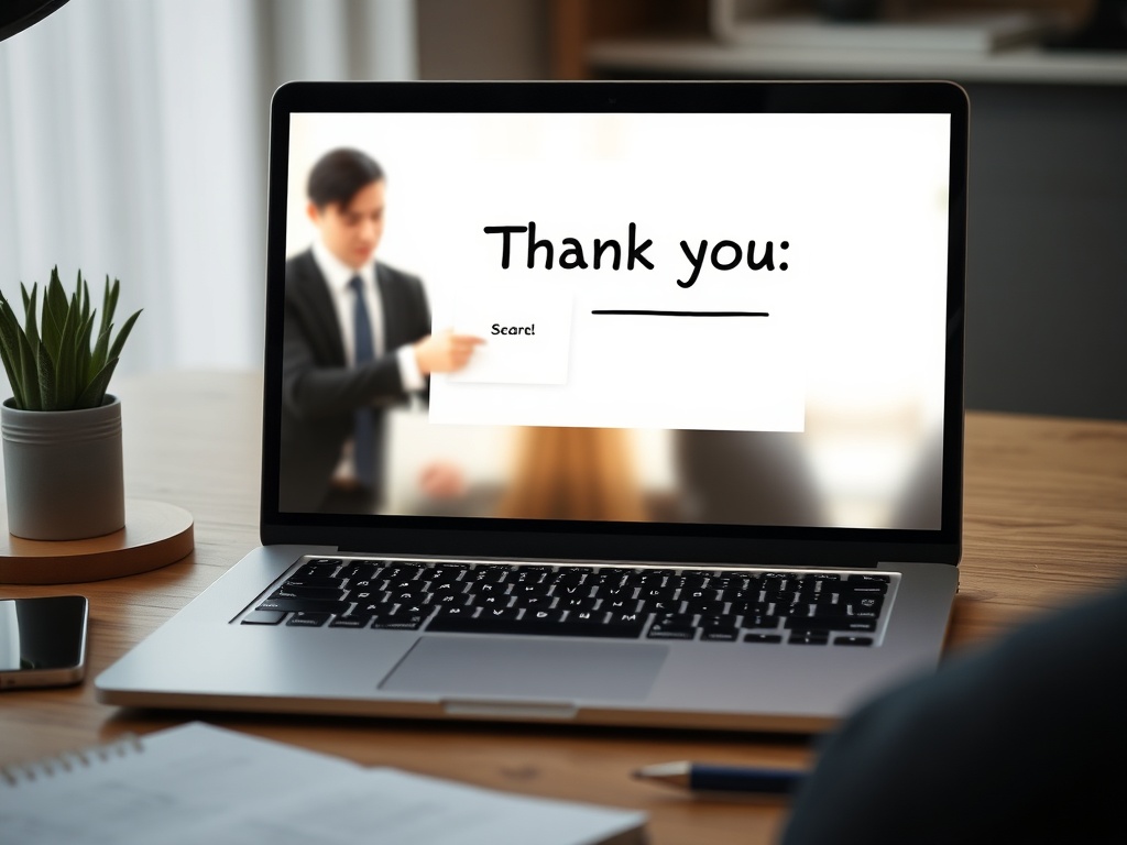 professional email composition on laptop screen with thank-you note to interviewer, neat desk