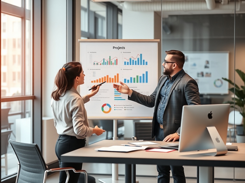 professional employee presenting project updates to manager in modern office, charts and data visible