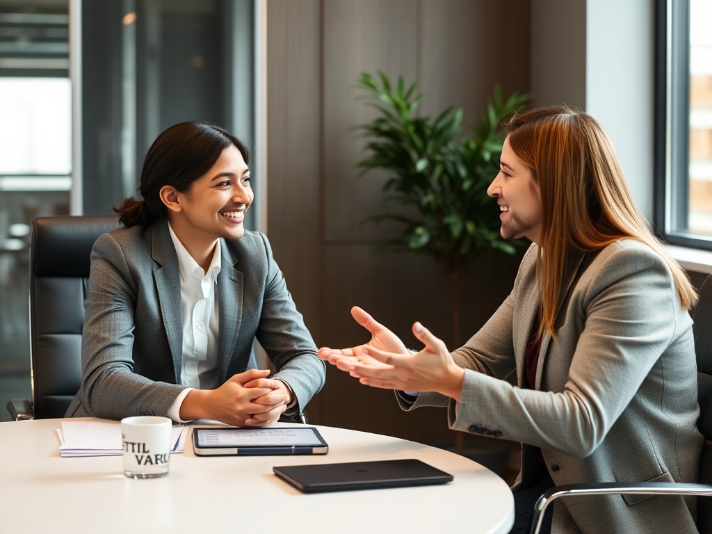 professional interview setting with candidate confidently answering questions, engaged hiring manager listening