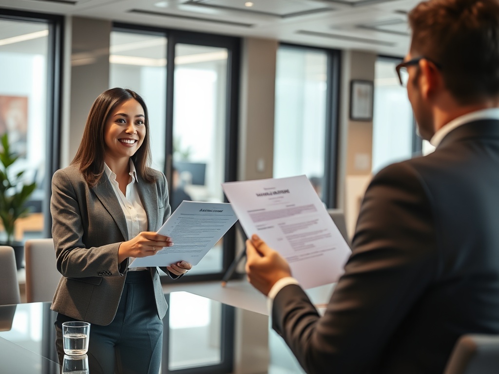 professional office scene with a confident candidate presenting resume to hiring manager, modern corporate environment, high detail, vibrant lighting