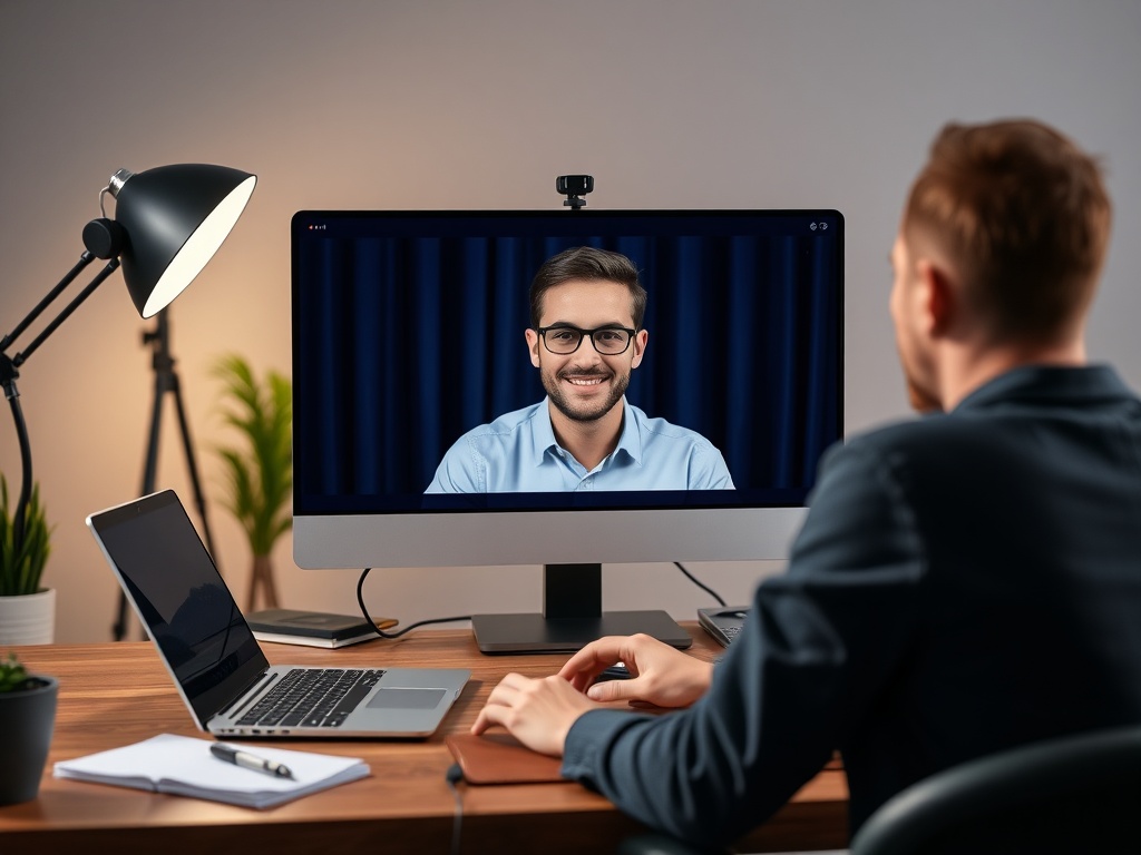 professional remote video interview setup with candidate looking confident, laptop and background optimized