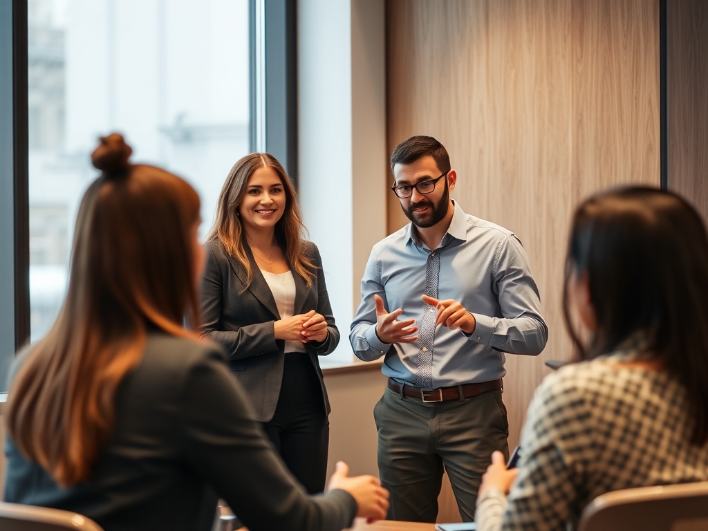 confident professional leading team discussion demonstrating leadership presence and authority