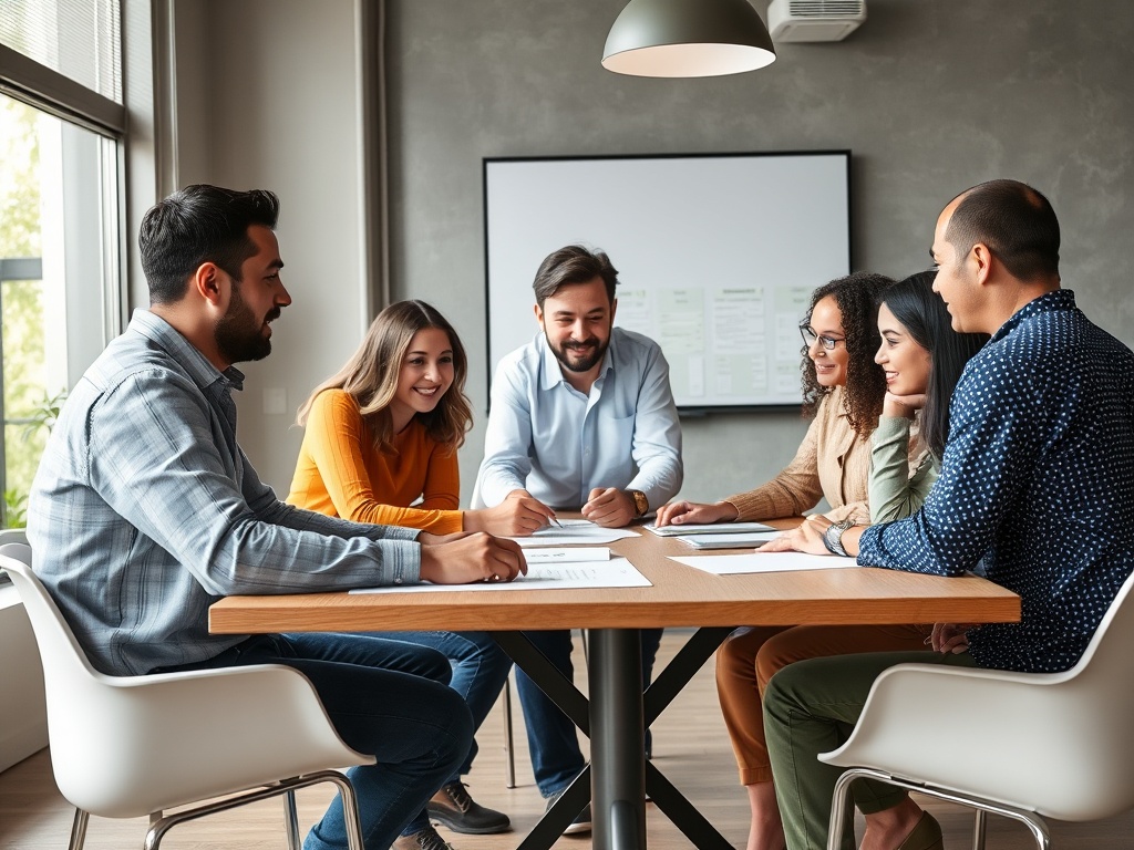 employee leading cross functional meeting with diverse team collaborating on project