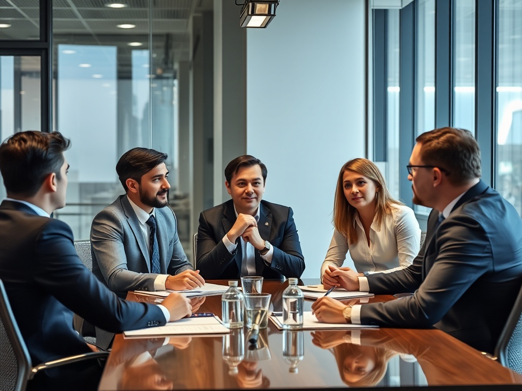 professional office meeting with managers discussing promotion decisions, serious tone, modern corporate setting