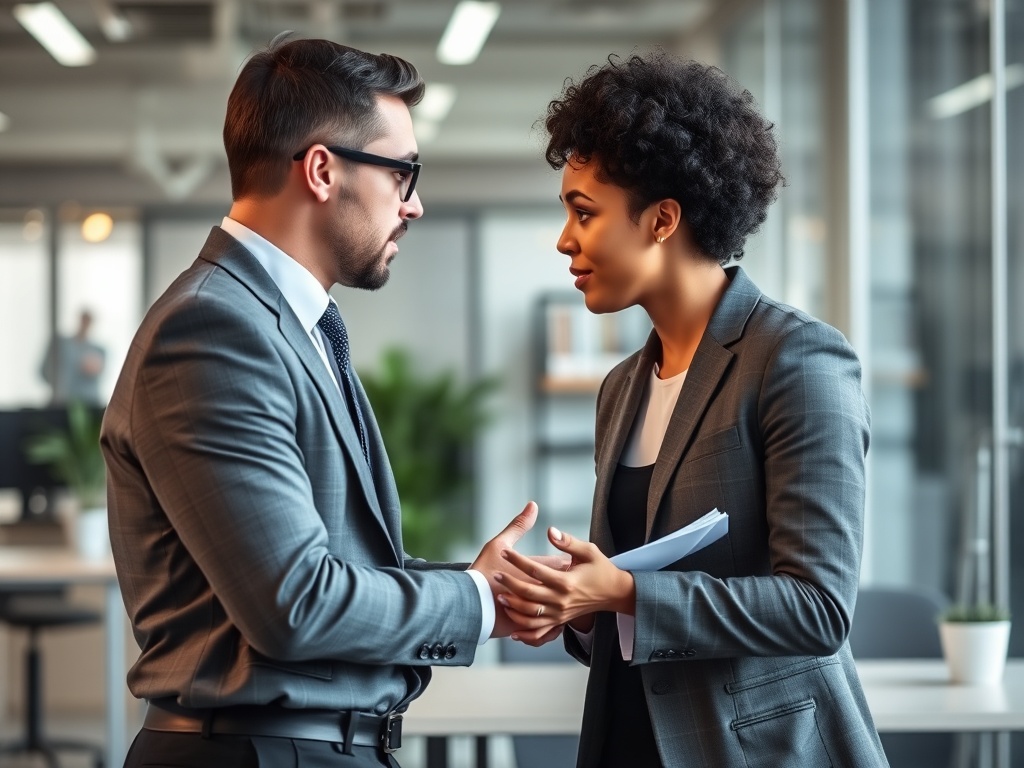 professional one on one career discussion between employee and manager in modern office
