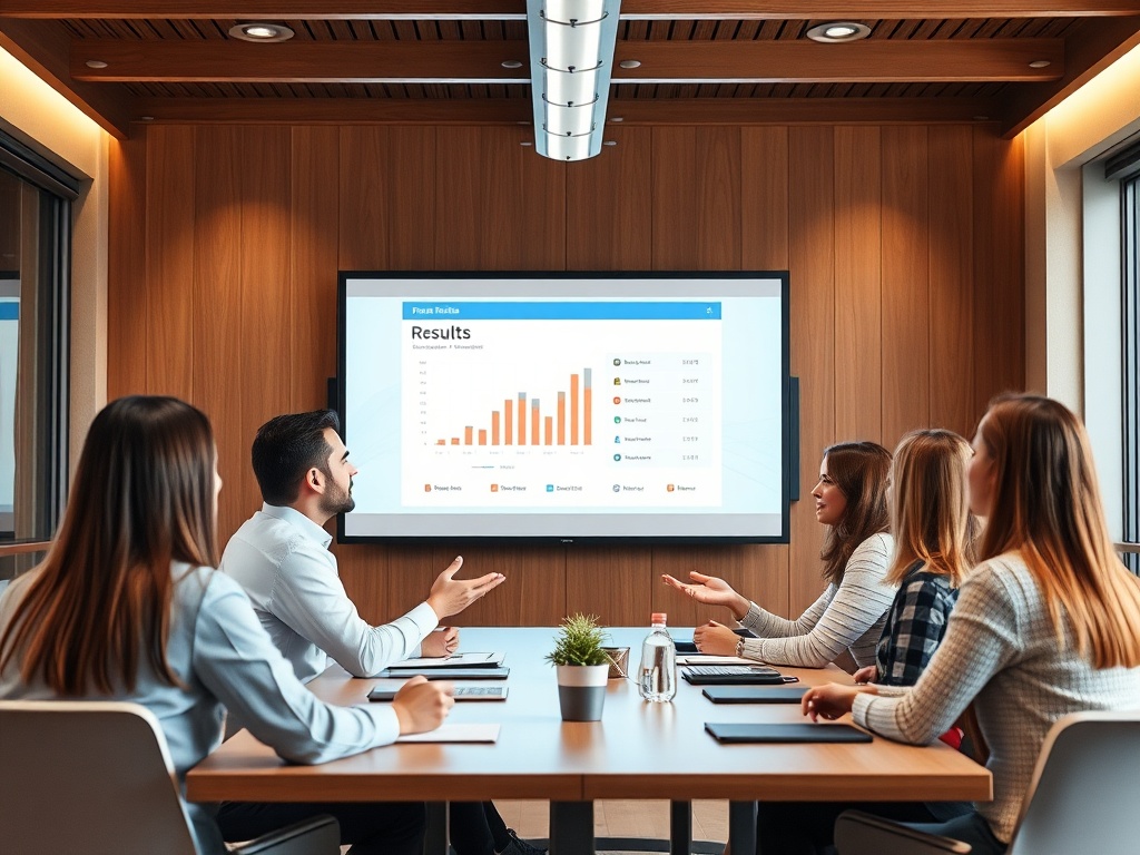 professional presenting results confidently in team meeting with presentation screen