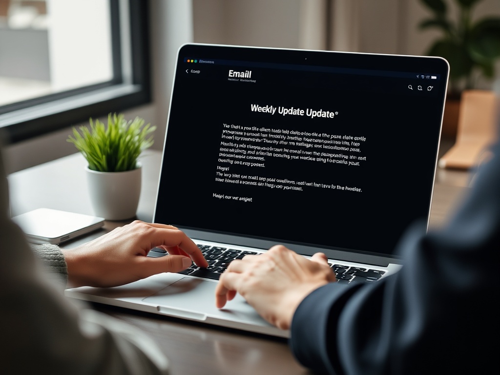 professional sending concise weekly update email on laptop, clean workspace, focused expression