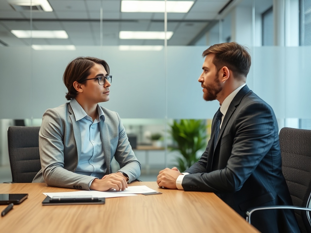 two professionals having a calm but serious conversation in office meeting room