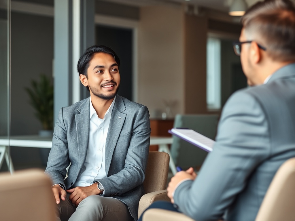 a professional mid-interview moment, candidate speaking confidently, hiring manager taking notes, modern office background