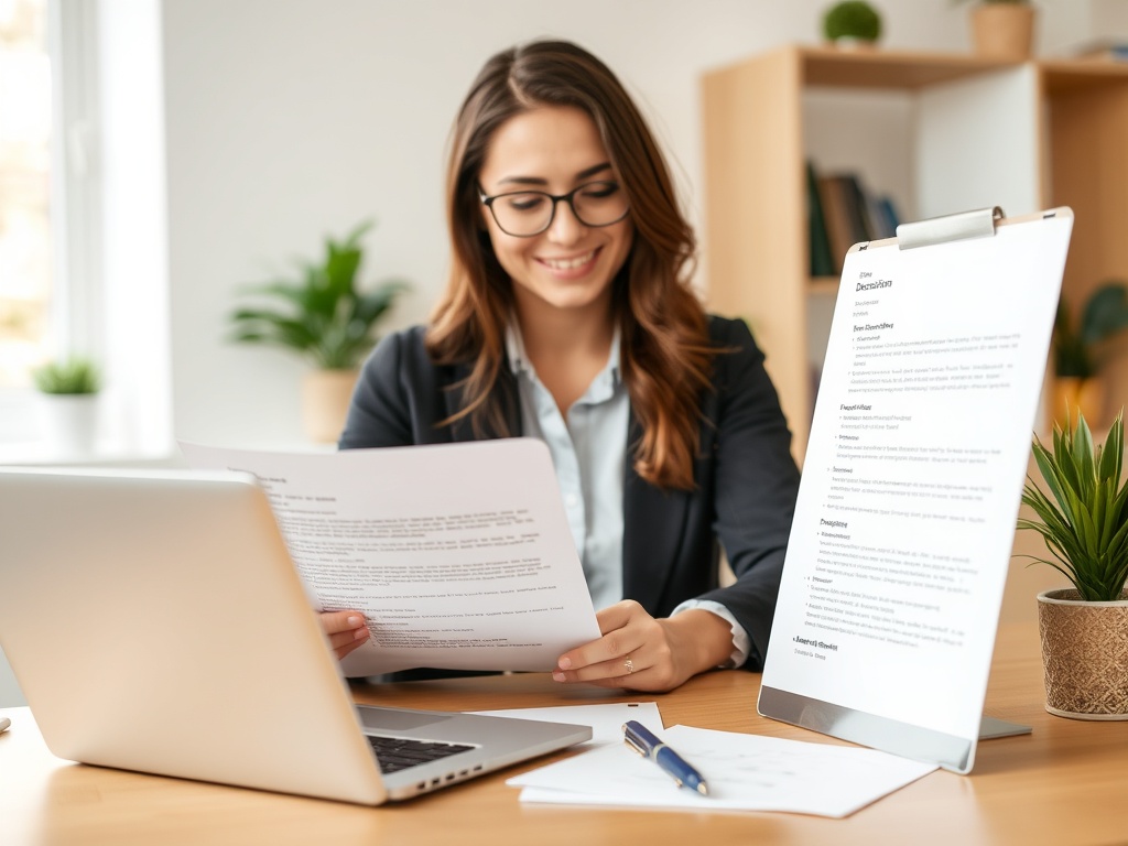 job applicant reviewing job description on laptop, highlighting keywords, preparing for interview in a clean workspace