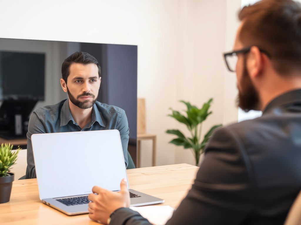 person practicing interview answers in front of mirror or laptop, focused expression, professional attire, home office setting
