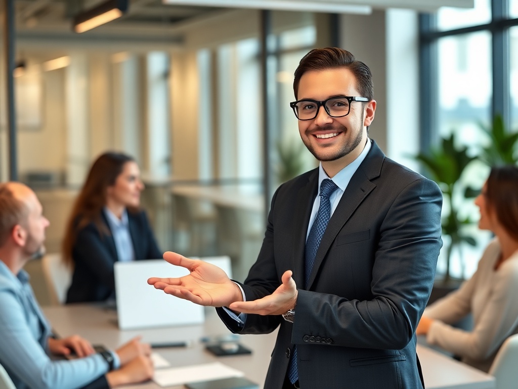 confident professional presenting results in meeting, leadership presence, modern office, positive atmosphere