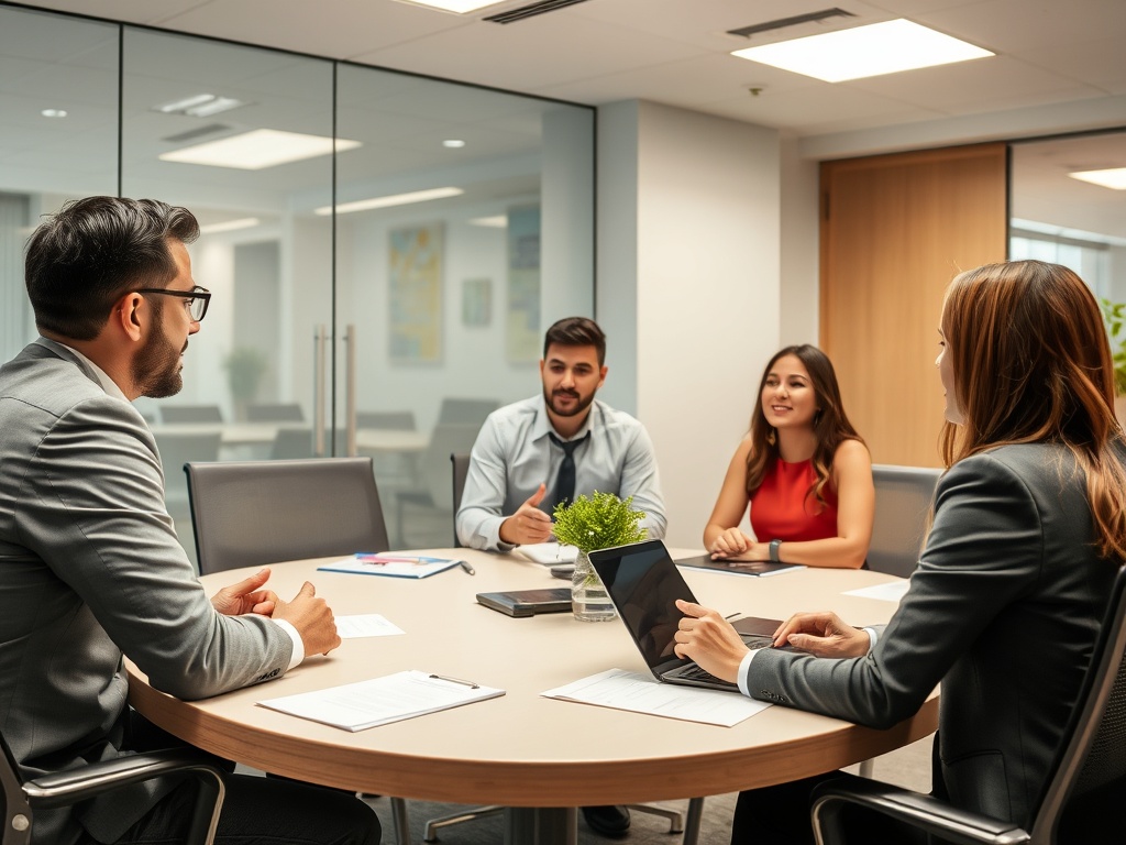 corporate meeting room professionals discussing performance reviews, focused expressions, modern office environment