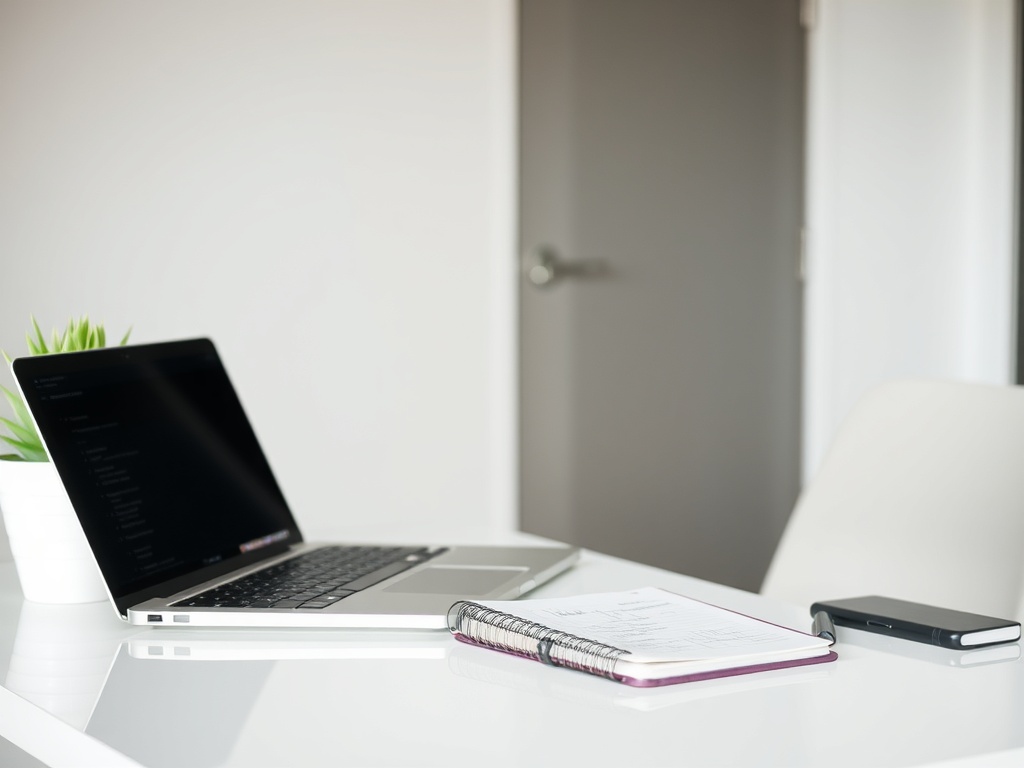 focused professional planning week on laptop and notebook, structured planning, clean modern workspace