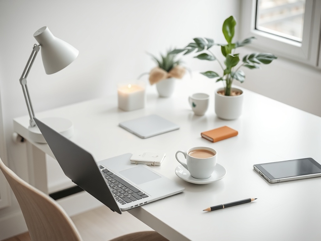 professional home office desk with notebook, laptop, coffee, clean minimal workspace, soft natural lighting