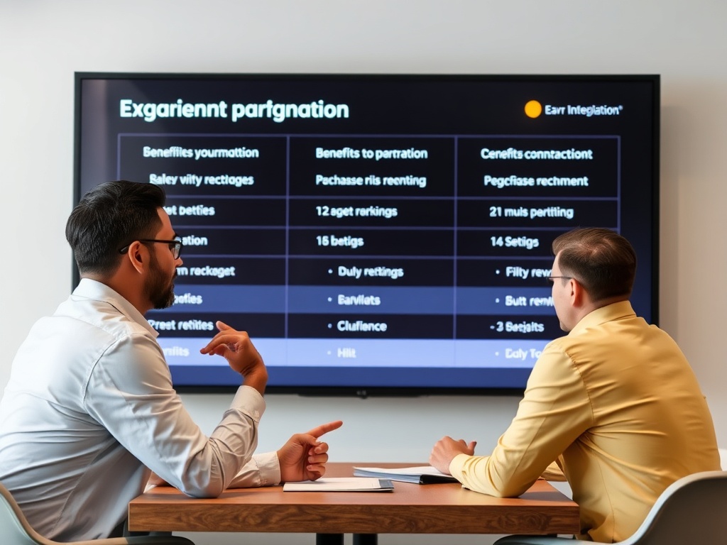 negotiation discussion with benefits package displayed on screen
