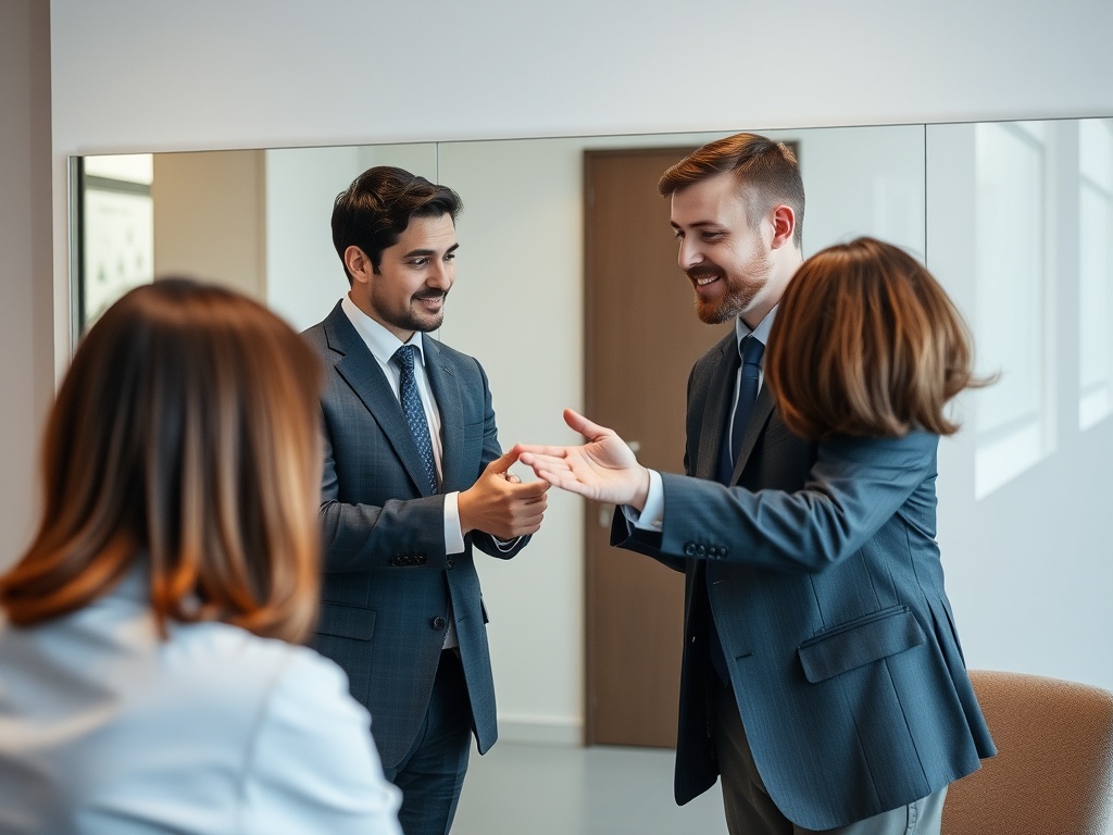 professional practicing negotiation in front of mirror